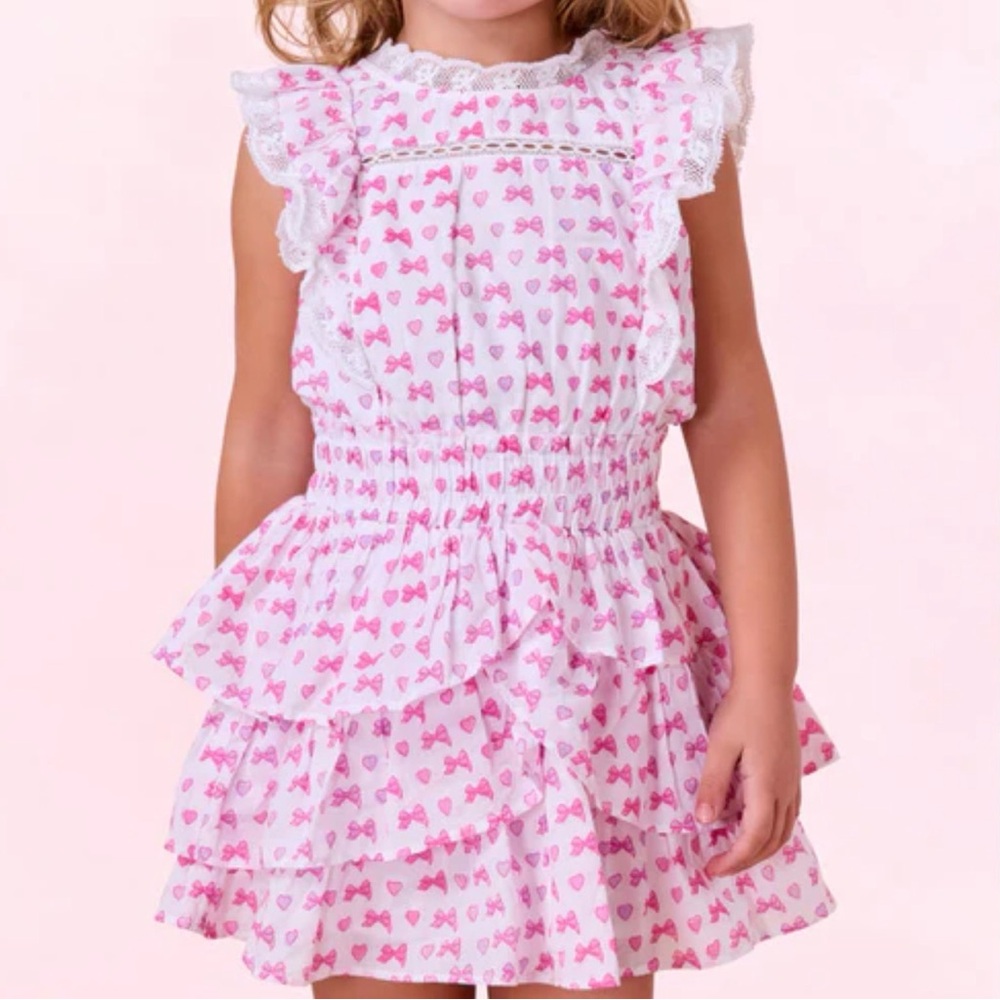 LoveShackFancy Girls (7-8) White Dress with Pink Heart and Bow Print